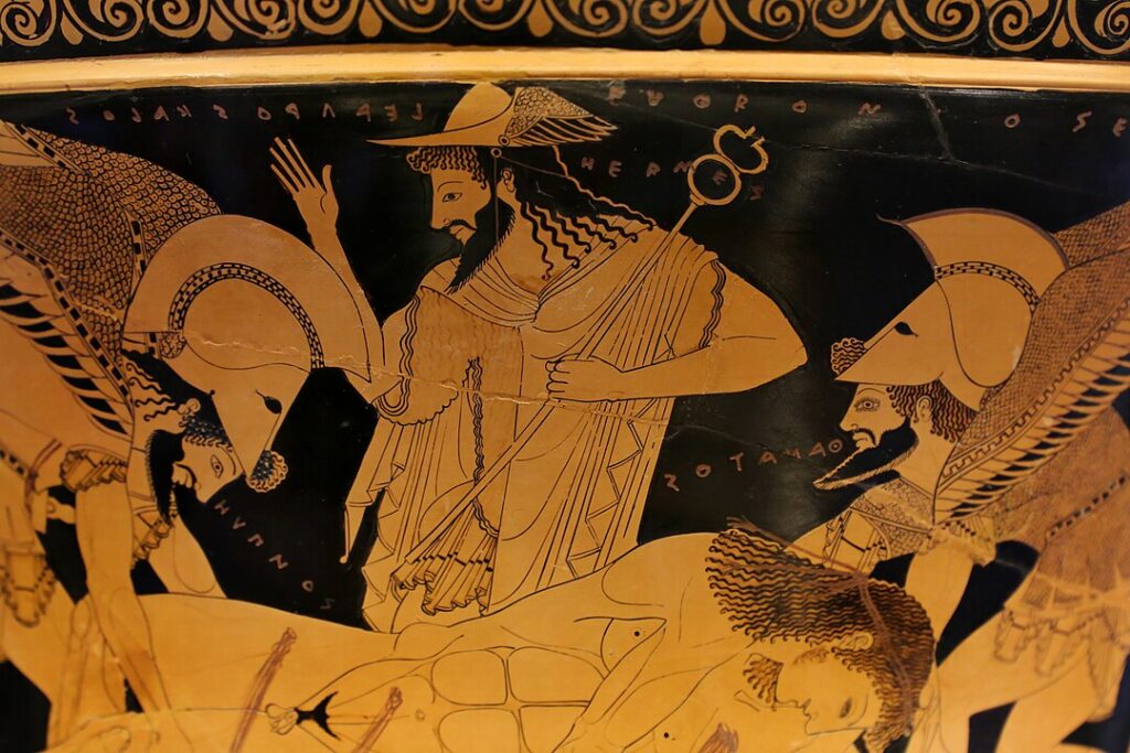 Hermès le dieu messager (détail), Cratère d'Euphronios, 6ème siècle avant notre ère, musée de Cerveteri.