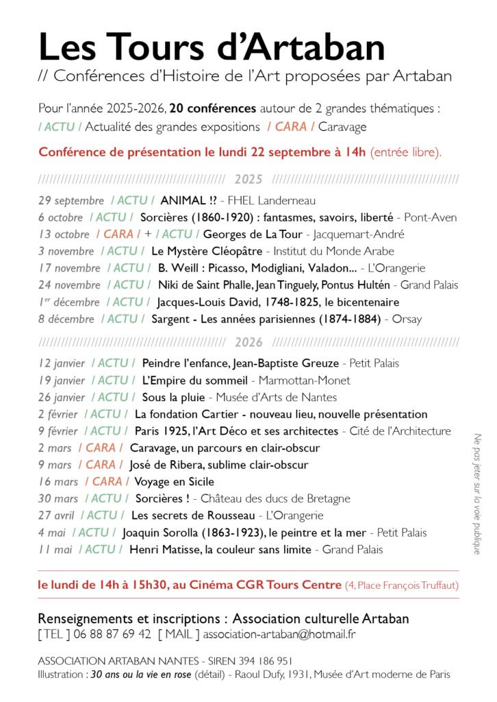 Verso du flyer "Les Tours d'Artaban" avec le programme de l'année